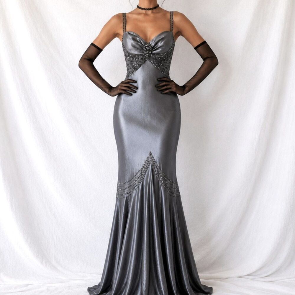Vintage Y2K Gray Silver Satin Beaded Fit Flared Maxi Ruffle Prom Dress Size M